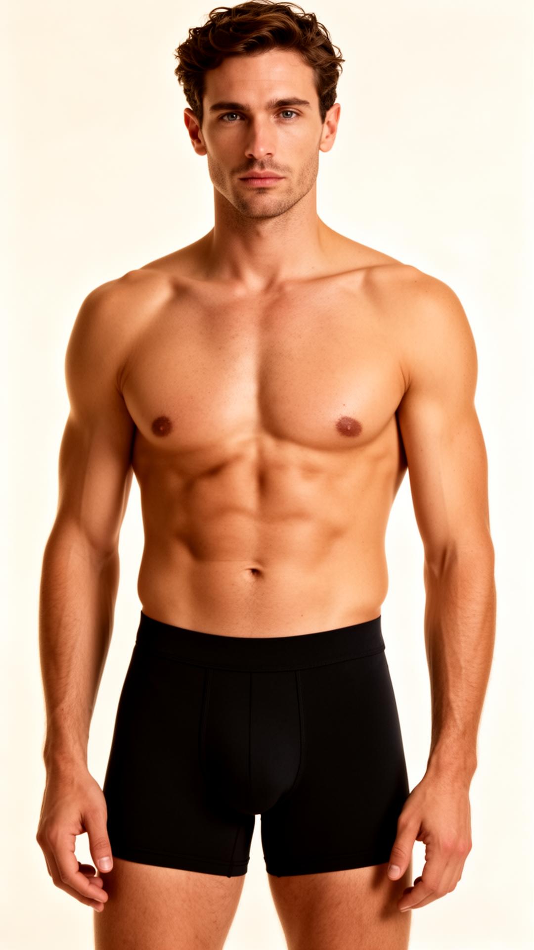 Man wearing COMORR boxer briefs in a clean studio
